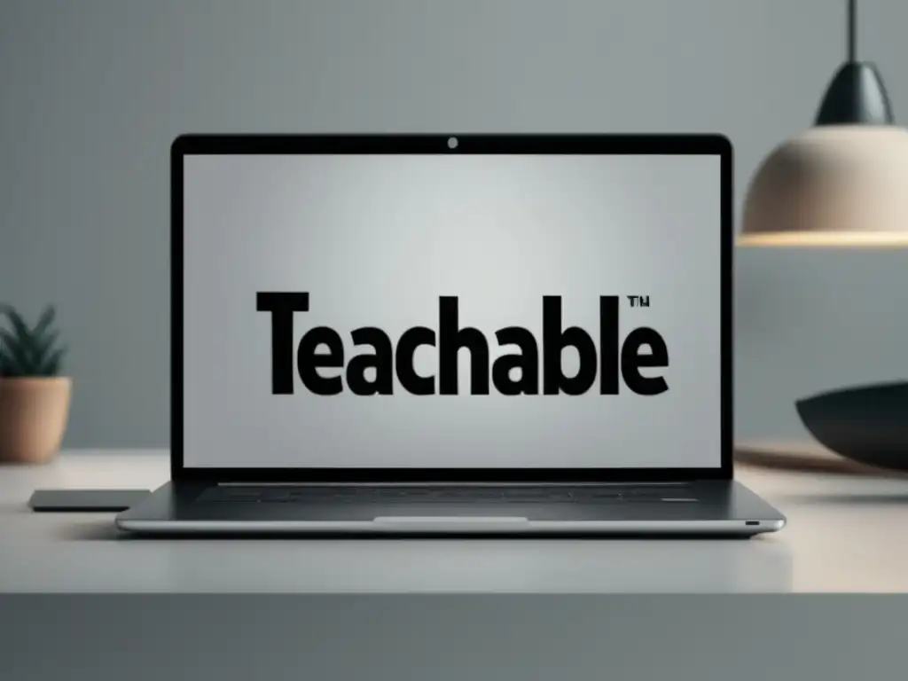 Laptop con logo de Teachable en pantalla Imagen: laptop con logo Teachable en pantalla, sobre escritorio blanco