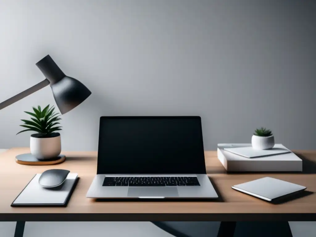 Espacioso escritorio minimalista con vista urbana Software gestión proyectos afiliados: Escritorio minimalista, moderno, organizado, con laptop, teclado inalámbrico, ciudad futurista al fondo