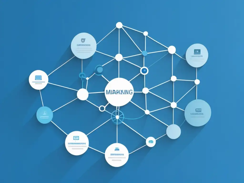 Red de marketing digital: seguimiento, análisis y optimización Ilustración moderna de un sistema interconectado de marketing de afiliados, resaltando seguimiento, análisis y optimización