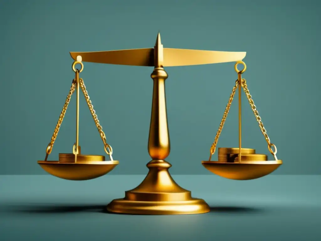 Resolución de conflictos en marketing de afiliados Ilustración moderna de una balanza en equilibrio, representando intereses de anunciantes y afiliados, rodeada de documentos y símbolos legales