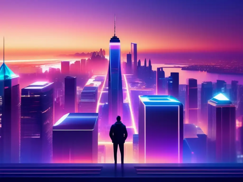 Ciudad futurista con rascacielos de vidrio y acero Imagen 8K de una ciudad futurista con rascacielos de vidrio y acero, iluminada con un cálido resplandor