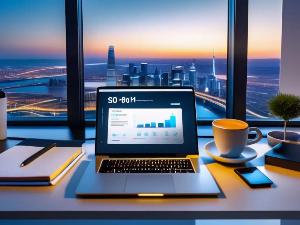 Espacio de trabajo minimalista con vista a la ciudad Imagen de oficina moderna con vista a la ciudad al atardecer y herramientas SEO para marketing de afiliados