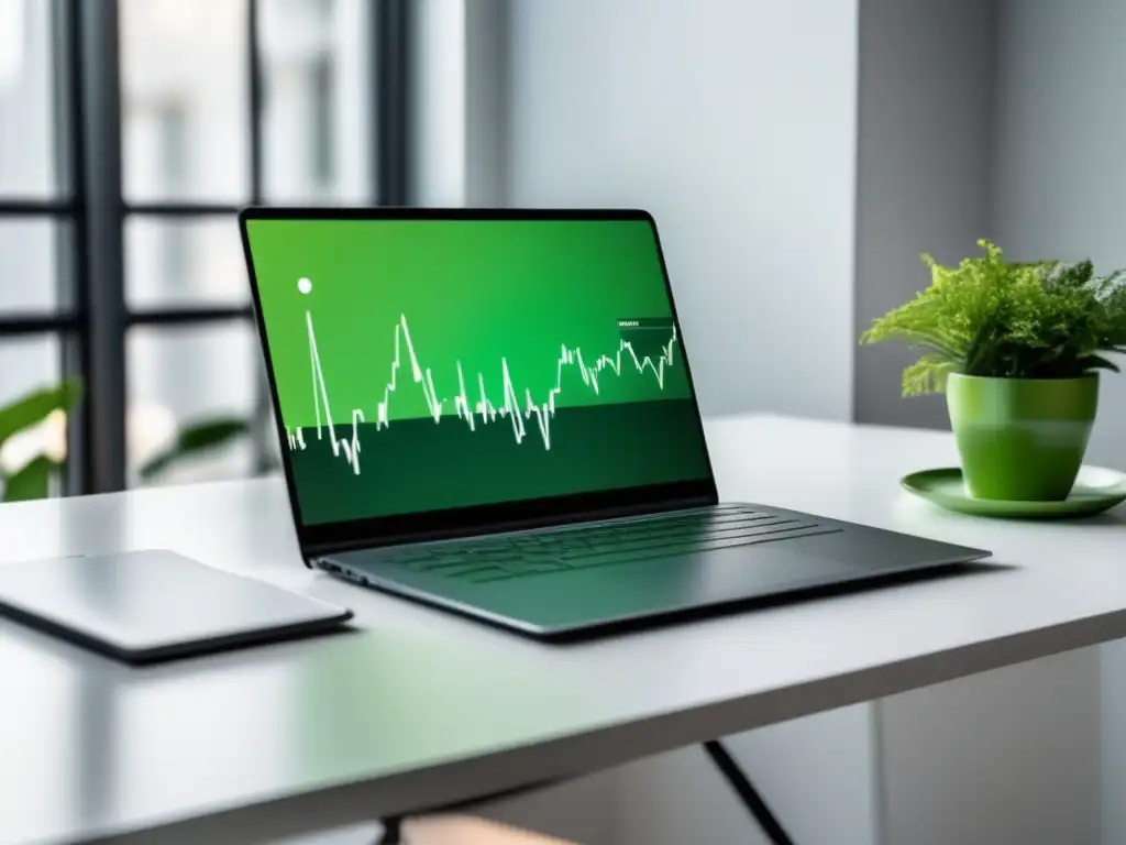 Laptop moderno con gráfico de tráfico y SEO Laptop minimalista en escritorio blanco con gráfico de crecimiento y mensaje