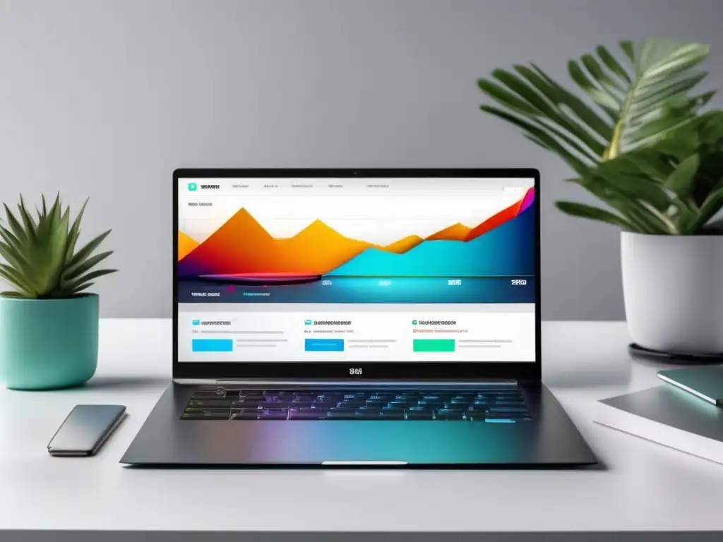 Laptop SEO: gráfica de éxito Laptop minimalista con pantalla vibrante y gráfico cautivador que muestra el éxito de las técnicas de SEO en el marketing de afiliados