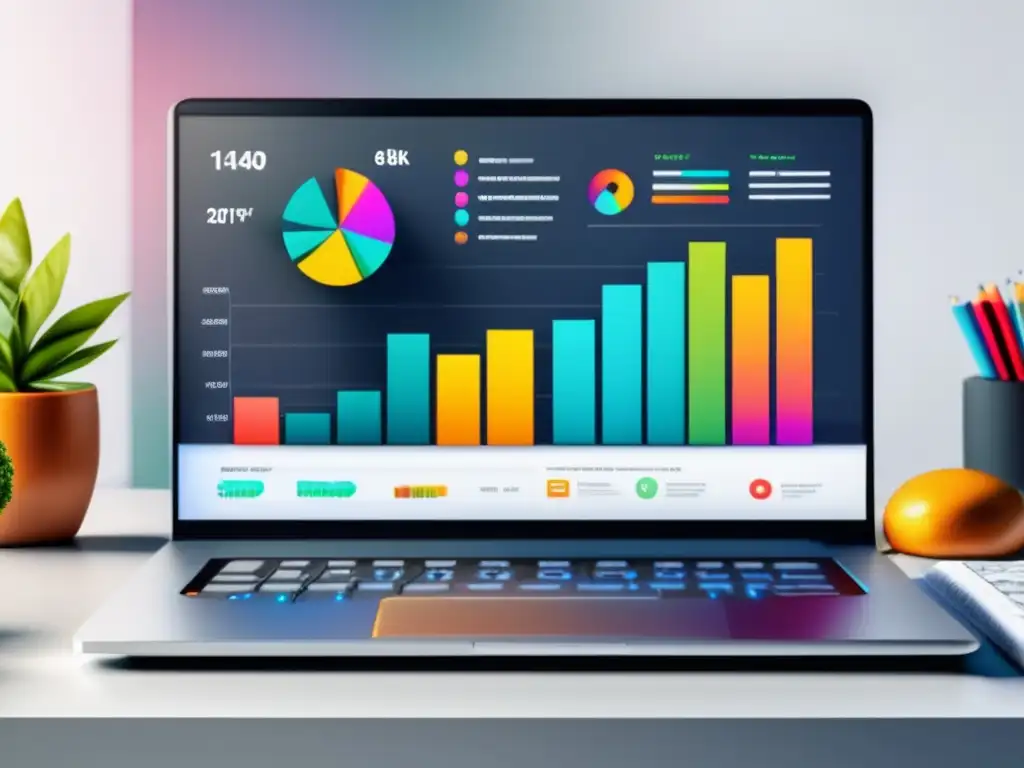 Laptop moderno, minimalista, con gráfica de ingresos de afiliados y símbolos SEO