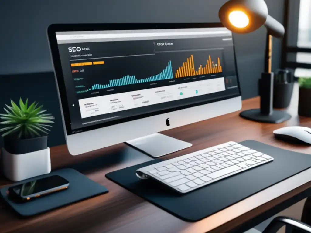 Espacio de trabajo minimalista Escritorio minimalista de madera oscura con laptop, teclado inalámbrico y mouse elegante