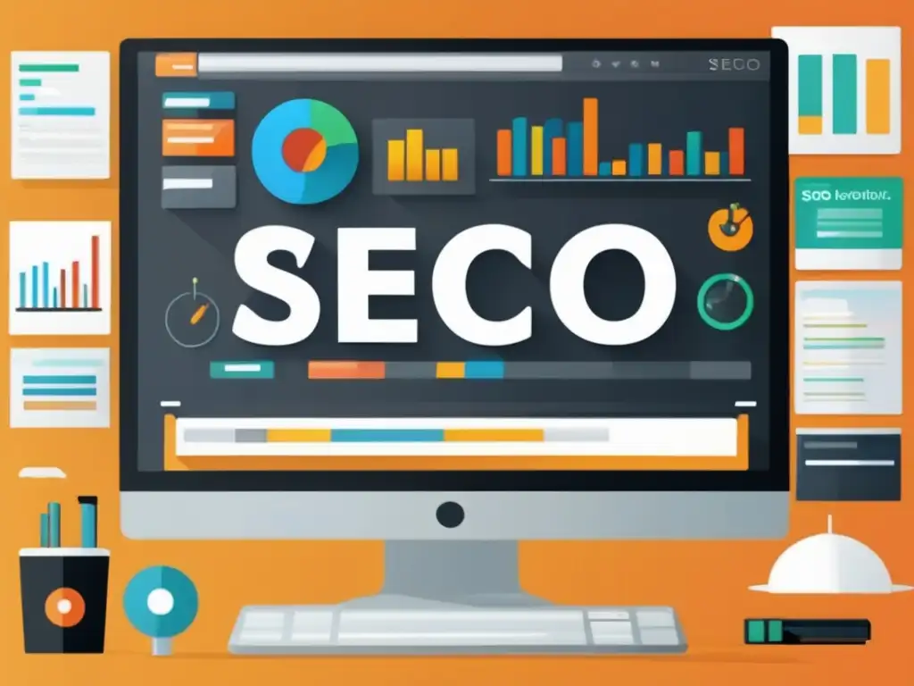 Todas las herramientas de SEO en una ilustración Ilustración moderna de una pantalla de ordenador mostrando herramientas y estrategias de SEO para marketing de afiliados
