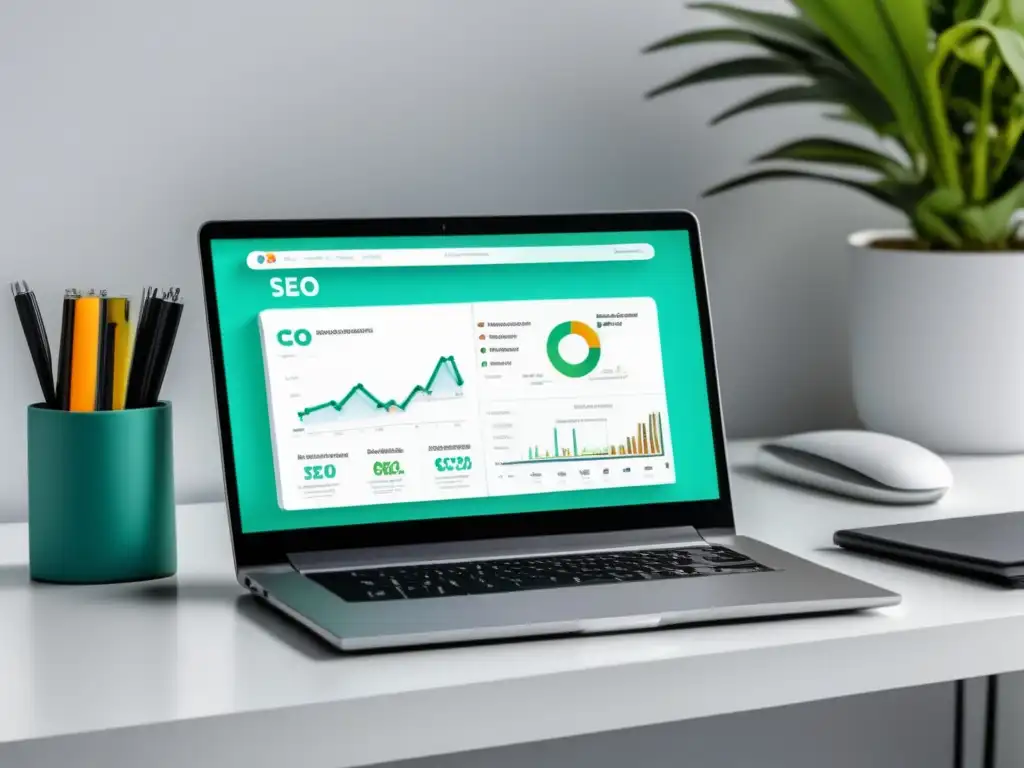 Laptop SEO tools y diseño minimalista Laptop moderno con pantalla vibrante y herramientas SEO para marketing de afiliados