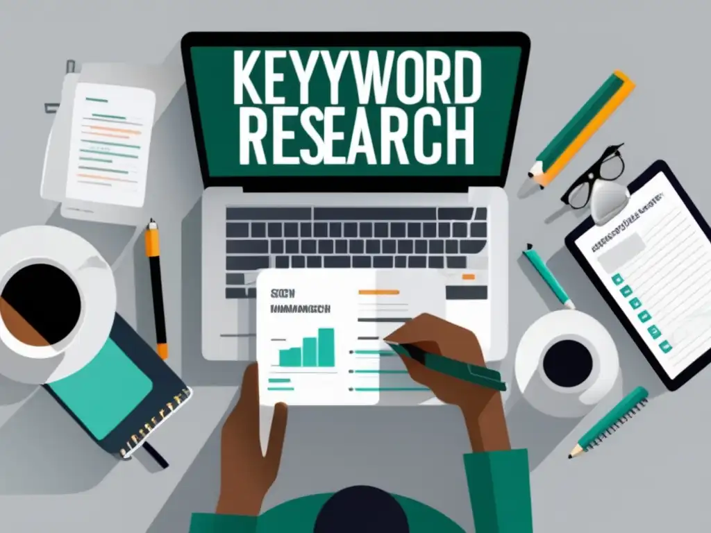 Persona analizando palabras clave en un escritorio Persona analizando palabras clave para SEO en marketing de afiliados