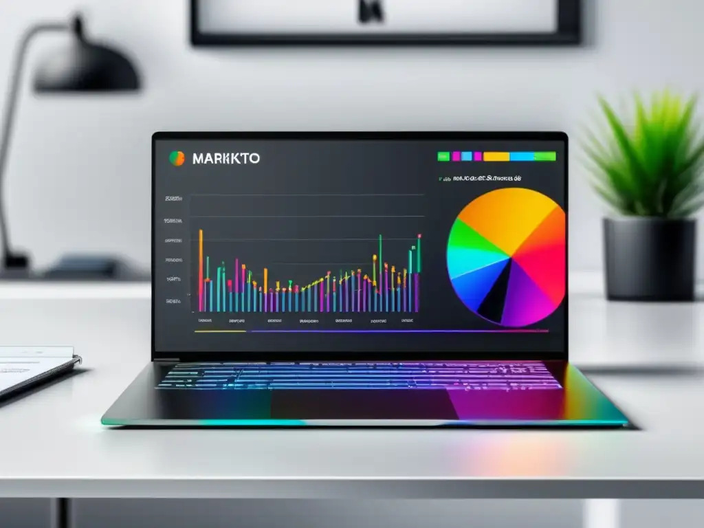 Laptop en escritorio blanco con gráfica de marketing, notepad y pen
