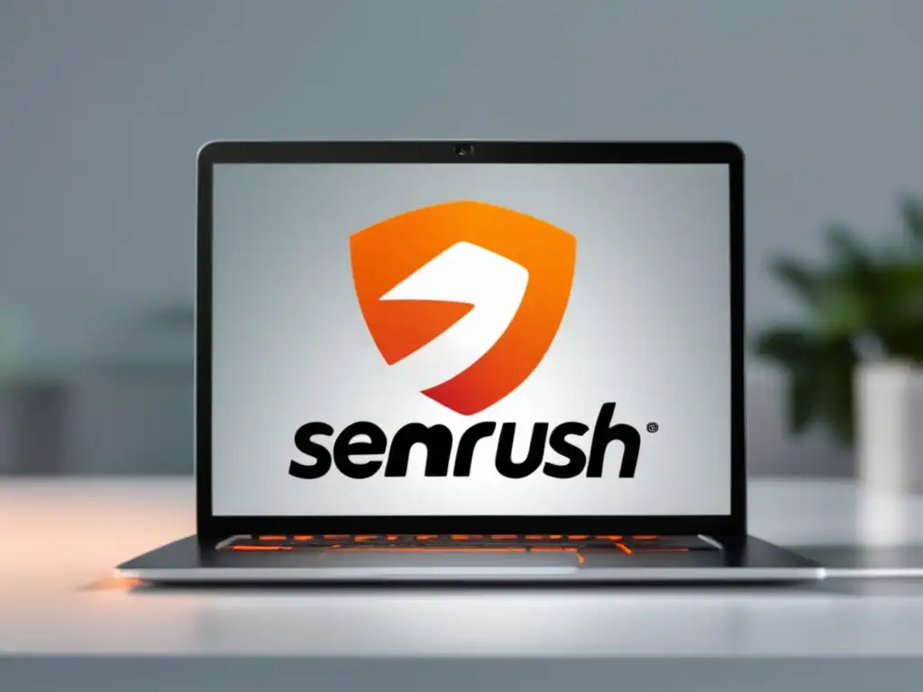 Laptop con logo SemRush en pantalla Laptop SemRush: programa de afiliados para impulsar ventas