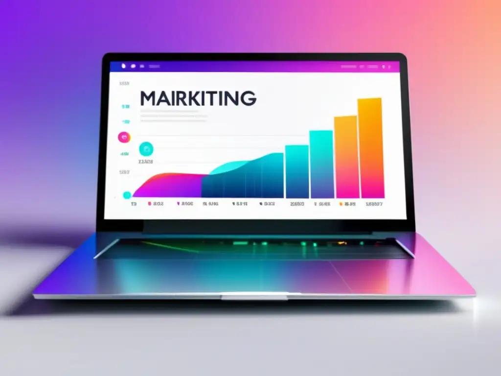 Laptop en escritorio blanco con gráfico de crecimiento en pantalla Laptop moderno en escritorio blanco