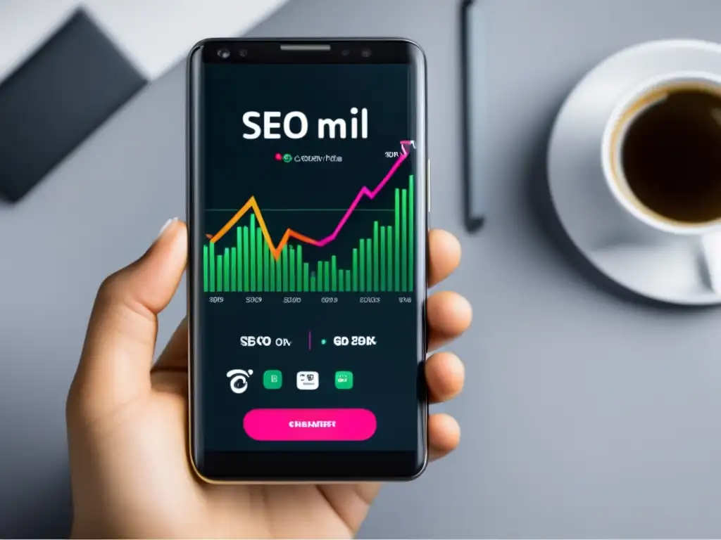 SEO móvil: gráfica dinámica y moderna Smartphone con pantalla vibrante muestra gráfica dinámica de estrategias de SEO móvil para afiliados