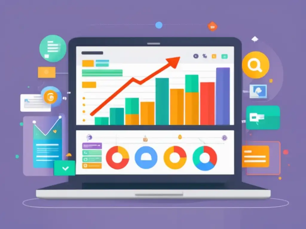 Estrategias SEO para aumentar tráfico orgánico en el marketing de afiliados Ilustración minimalista de una pantalla de laptop con gráfico colorido de aumento de tráfico orgánico en marketing de afiliados mediante estrategias de SEO