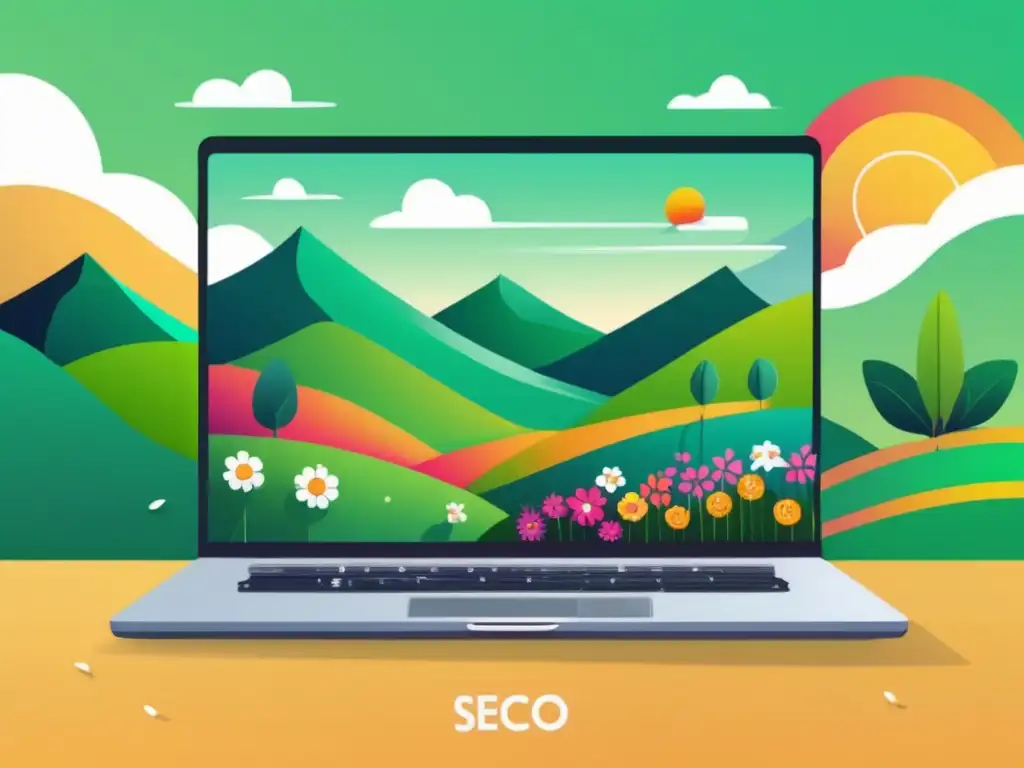 Laptop SEO paisaje vibrante Ilustración moderna que muestra una laptop con paisaje SEO y estrategias para aumentar ingresos en marketing de afiliados