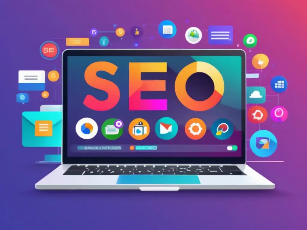 Laptop SEO y marketing de afiliados Laptop moderno con pantalla vibrante mostrando herramientas SEO y iconos de marketing de afiliados