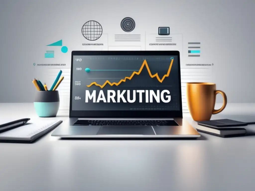 Laptop SEO éxito en marketing de afiliación Imagen 8k de laptop con elementos de SEO y estrategias para marketing de afiliados