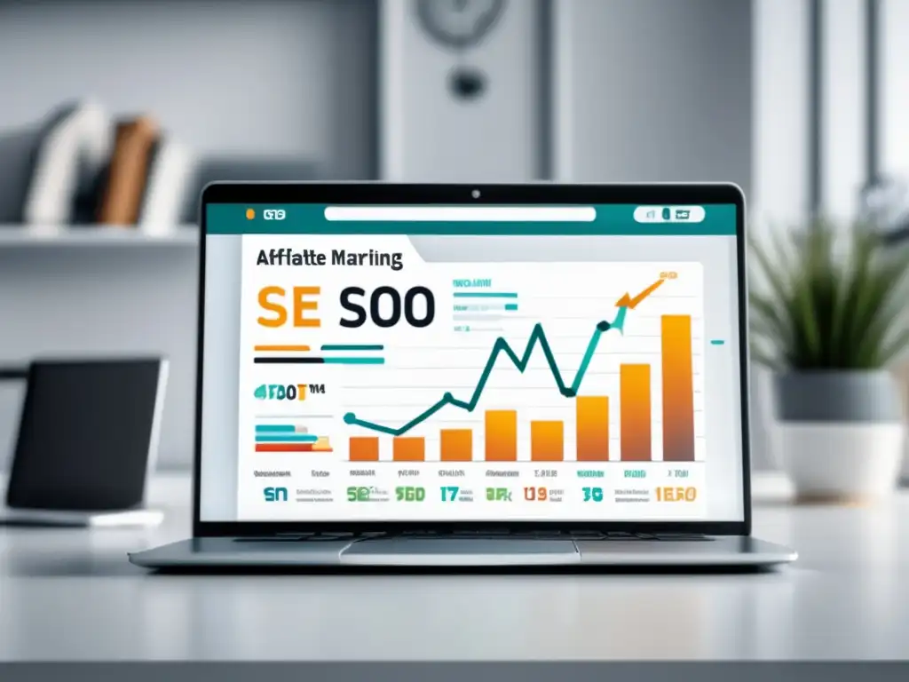 Laptop de éxito en el SEO de afiliados Laptop minimalista en escritorio blanco: estrategias de SEO para afiliados