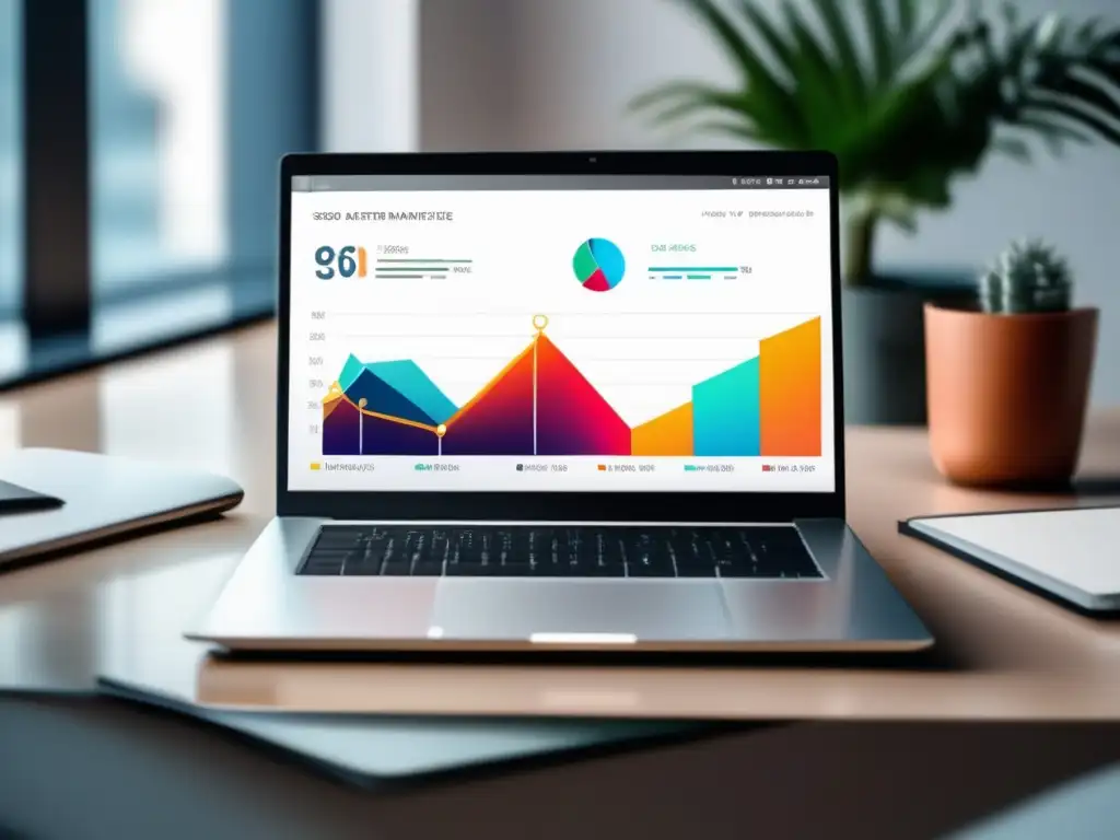 Laptop en escritorio blanco con gráfico de tendencias SEO Imagen: Laptop moderno con gráfico de tendencias SEO para afiliados de alto rendimiento