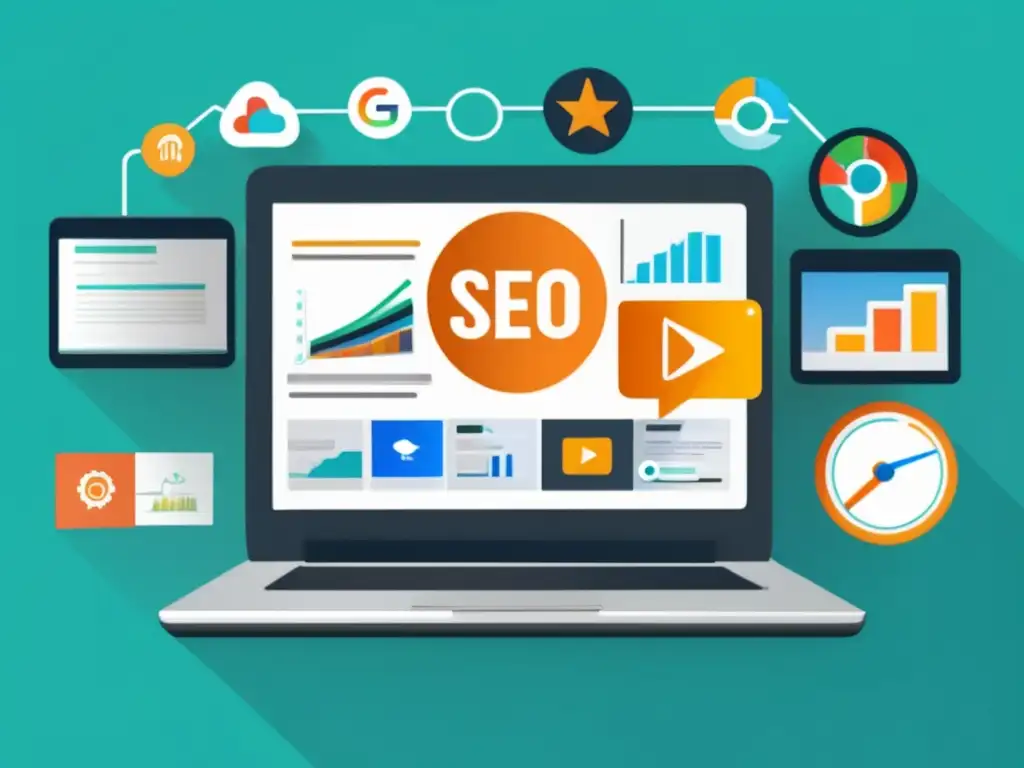 Laptop SEO y marketing de afiliación Laptop moderno con iconos de SEO y marketing de afiliados