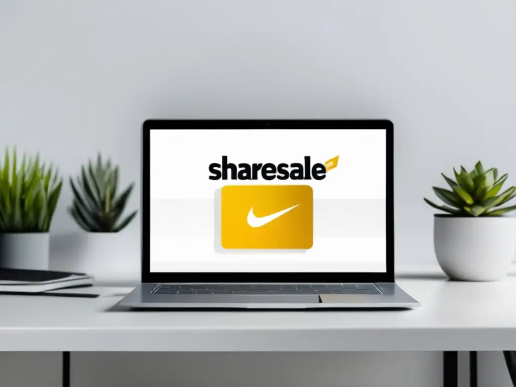 Laptop ShareASale: Dashboard y programas de afiliados Una imagen profesional de ShareASale, mostrando un moderno laptop con su dashboard y programas afiliados destacados