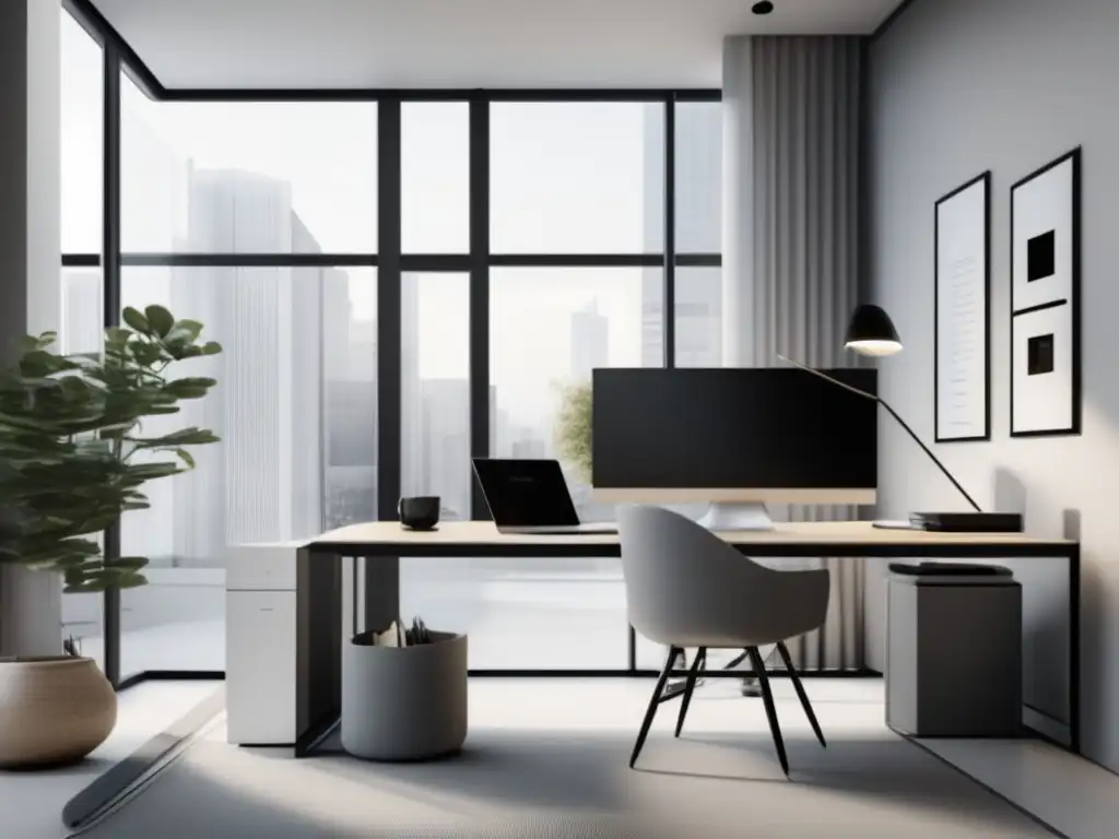 Oficina moderna con diseño minimalista y ventanales grandes Oficina moderna con vista panorámica y diseño minimalista, ideal para ganancias con Google Adsense en marketing de afiliados