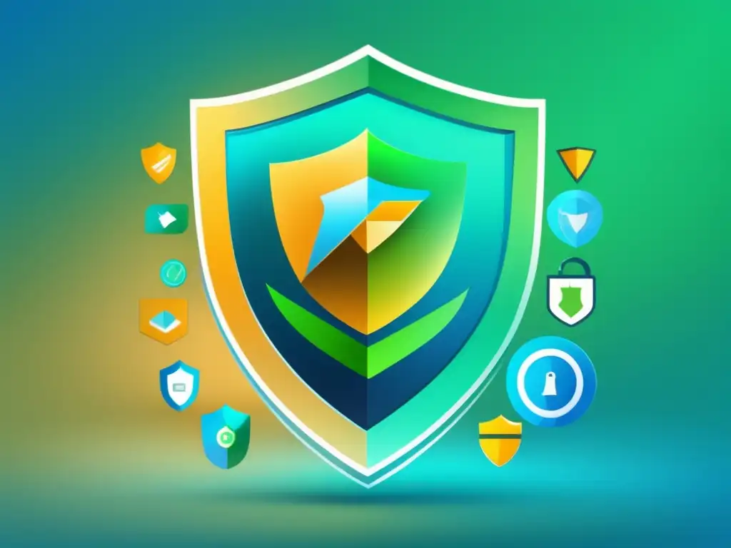 Imagen de escudo de transparencia en marketing de afiliados Imagen 8K: diseño minimalista con escudo transparente y símbolos de regulaciones en marketing de afiliados
