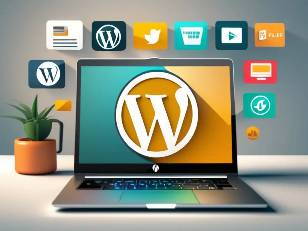 Laptop WordPress plugins Ejemplos exitosos de plugins de WordPress para marketing de afiliados en una imagen de laptop minimalista con pantalla vibrante y dashboard de iconos