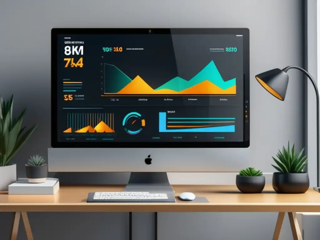 Espacio de trabajo minimalista y moderno Espacio de trabajo minimalista con monitor ultradefinido y dashboard de marketing de afiliados