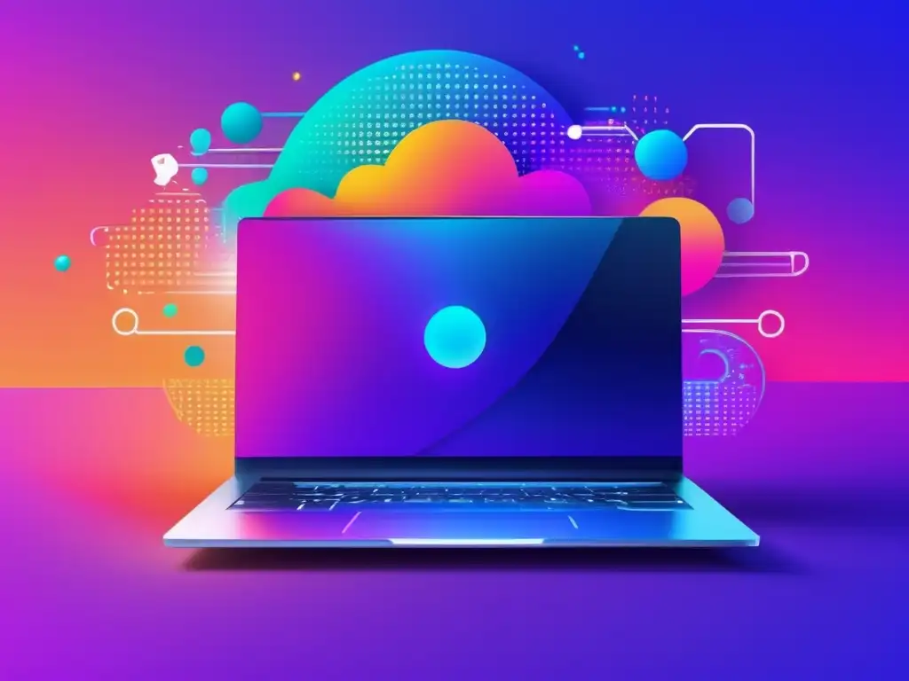 Laptop minimalista con paisaje digital vibrante Laptop minimalista con paisaje digital: principios éticos en el marketing de afiliados