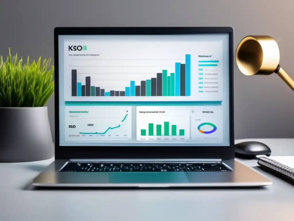 Laptop SEO: Optimización de palabras clave en el marketing de afiliación Laptop moderno y detallado de 8k con lupa, destacando la importancia de herramientas SEO para marketing de afiliados