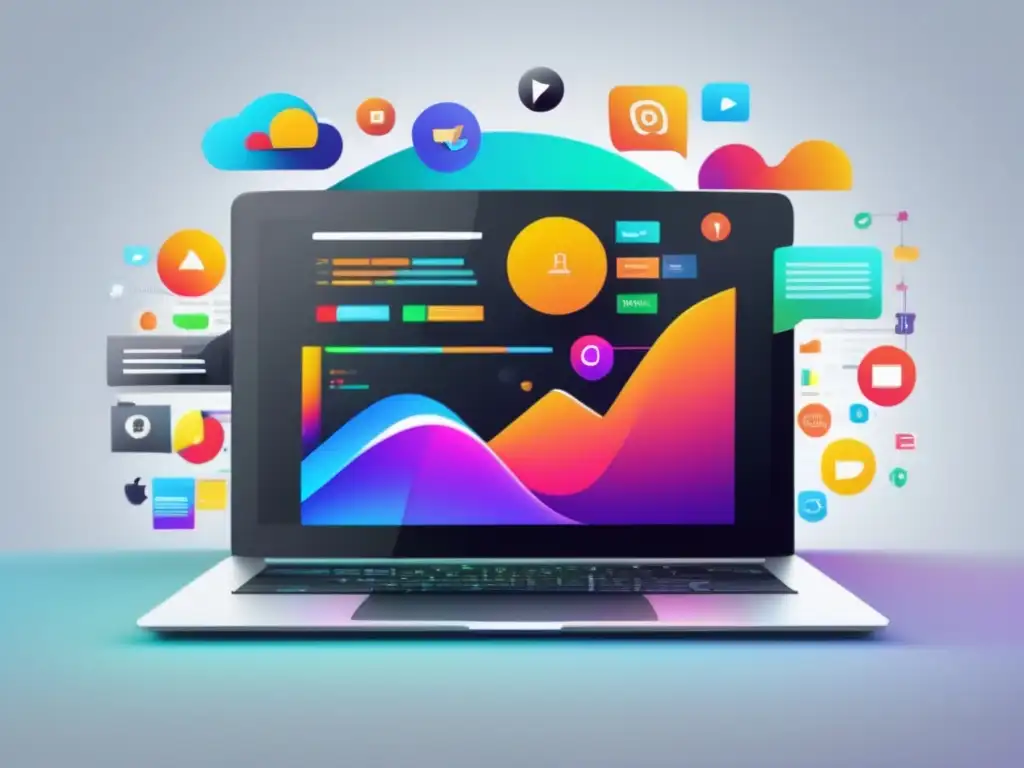 Laptop SEO: estrategias exitosas Laptop negro con paisaje digital colorido, simbolizando estrategias de SEO para marketing de afiliados