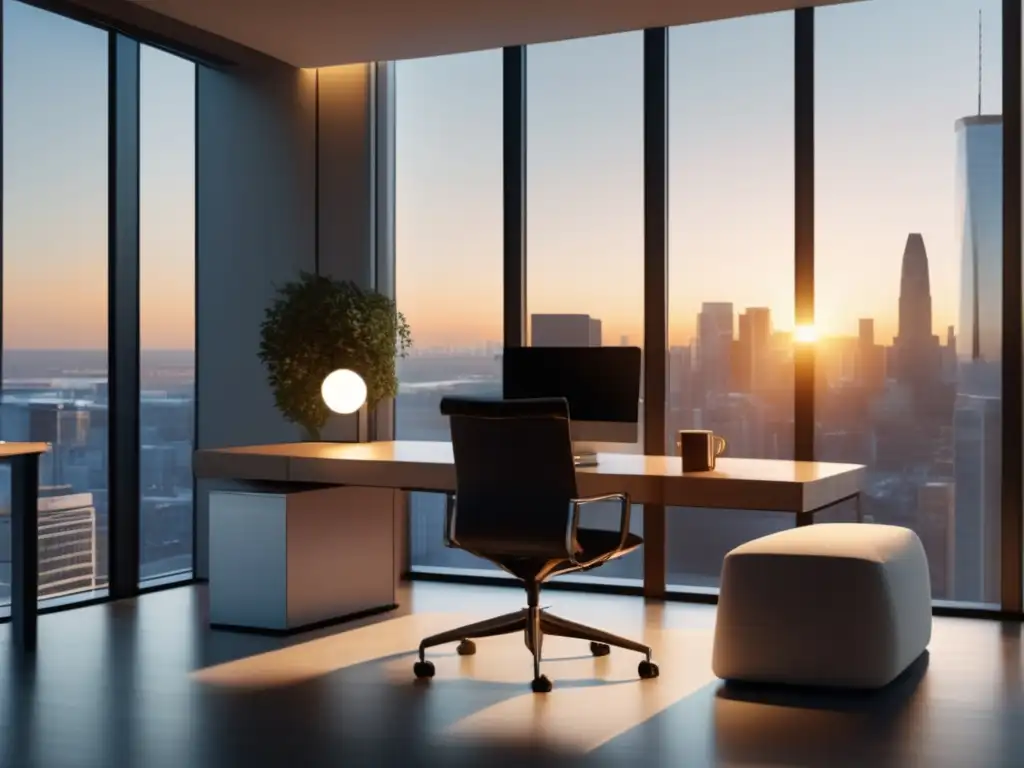Oficina minimalista con vista a la ciudad Oficina minimalista con vista a la ciudad, muebles modernos y decoración inspiradora