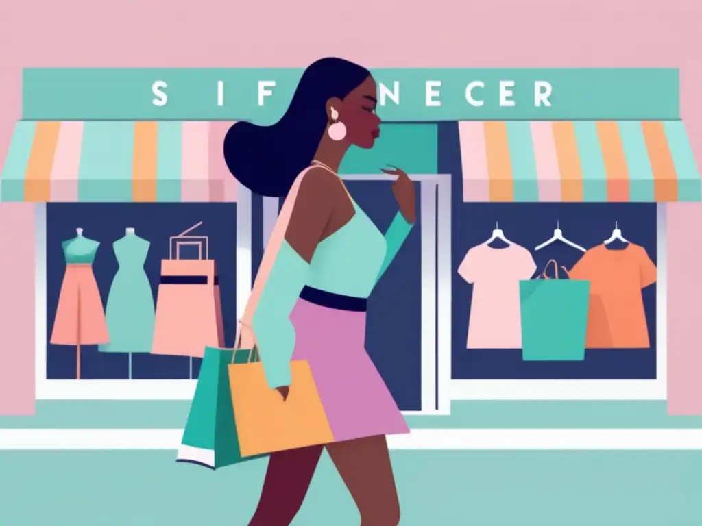 Influencer moda tienda éxito Estrategias de marketing de influencers en programas de afiliados: influencer de moda frente a tienda con diseño minimalista