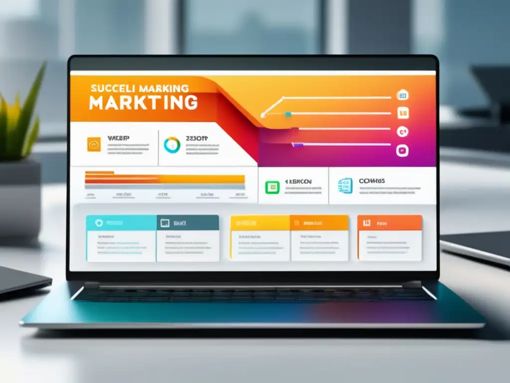 Infografía de estrategias de marketing de afiliados Laptop en escritorio muestra estrategias de contenido para ventas en marketing de afiliados