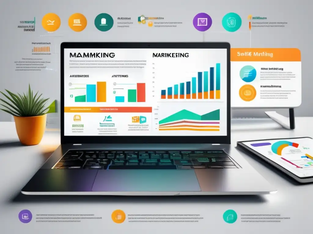 Laptop y proceso de marketing de afiliados Laptop moderno en escritorio blanco muestra infografía de marketing de afiliados para maximizar ingresos