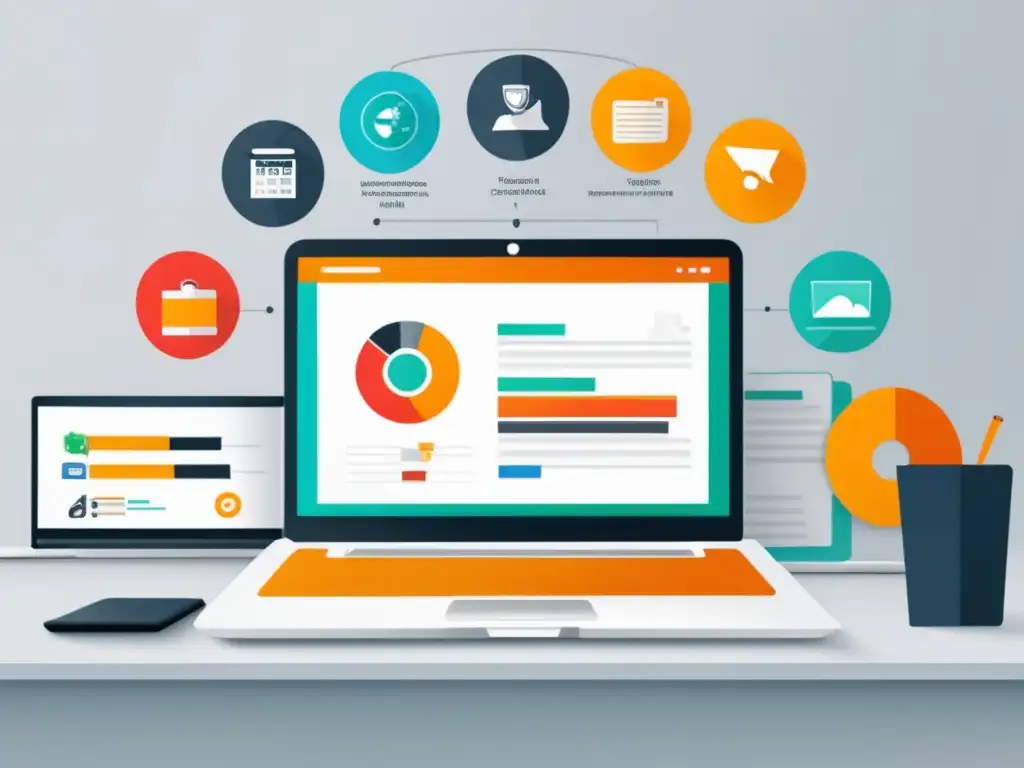 Infografía estrategias afiliación - Laptop minimalista con infografía de estrategias clave para mejorar ingresos en marketing de afiliados