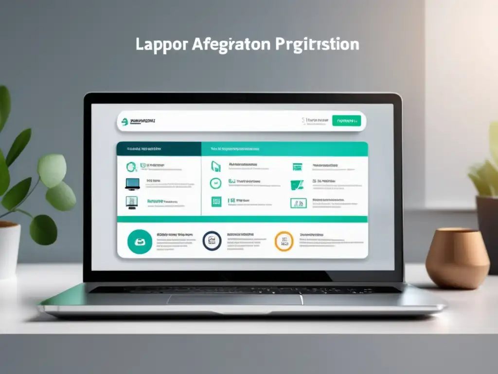 Laptop y gráfico del programa de afiliados Laptop moderno en escritorio blanco: Infografía de registro y aprobación en programa de afiliados eBay