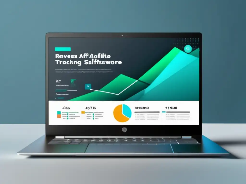 Laptop moderno e infografía de software de seguimiento de afiliados Laptop moderno con diseño minimalista y software de rastreo de afiliados: beneficios, ingresos, análisis en tiempo real