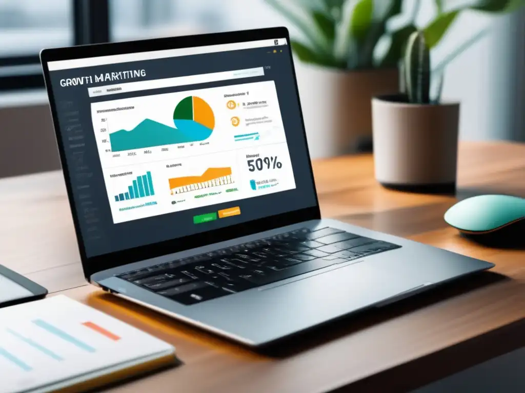 Laptop moderno en escritorio minimalista Laptop en escritorio con dashboard de marketing de afiliados y símbolos de ingresos pasivos, flexibilidad y bajos costos