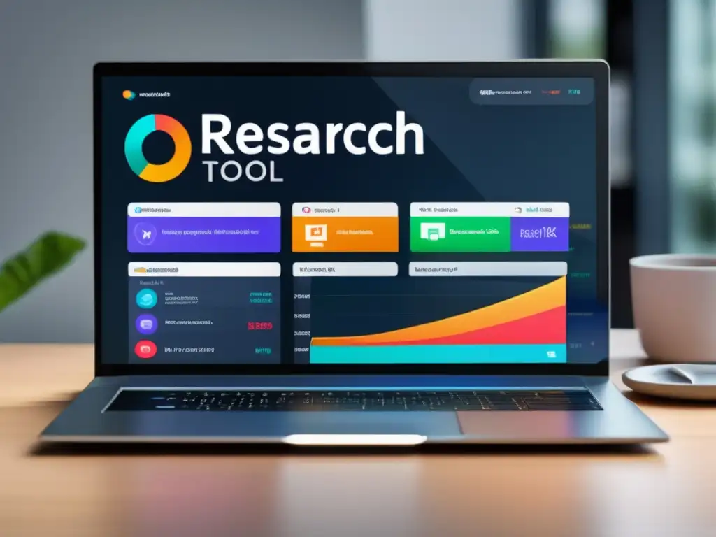 Laptop moderno con herramienta de investigación de palabras clave Laptop moderno mostrando herramientas de optimización para afiliados