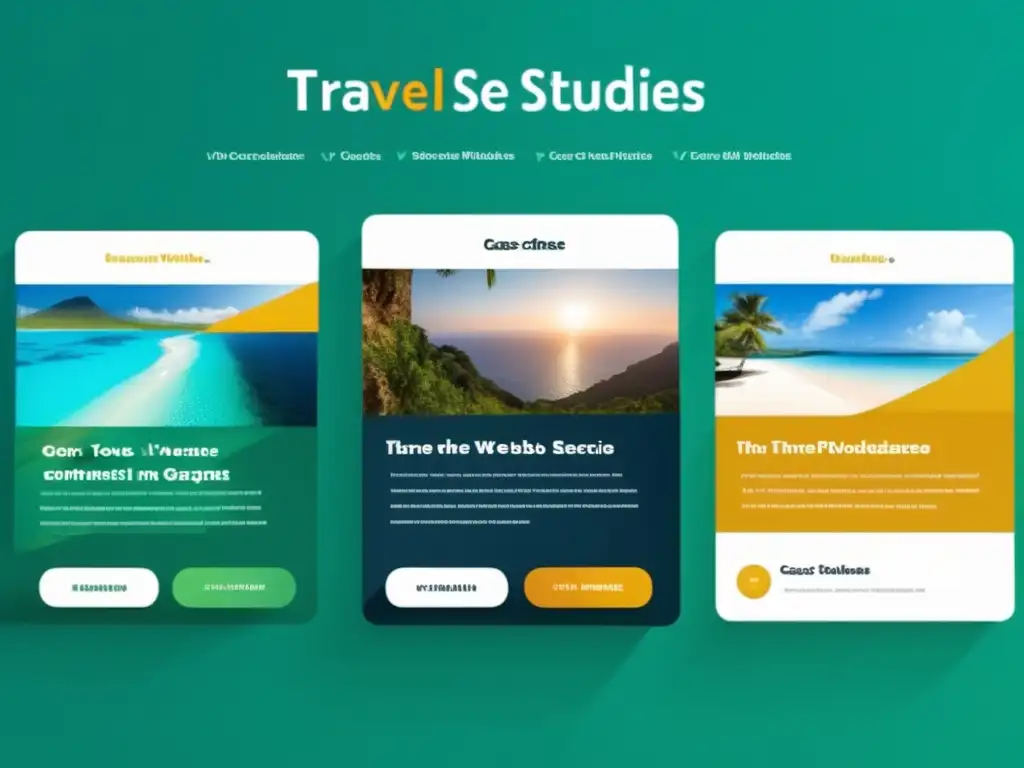 Diseño minimalista para sitios de afiliados Interfaz minimalista y moderna que destaca 3 estudios de caso: un sitio de viajes, uno de productos electrónicos y otro de moda y belleza