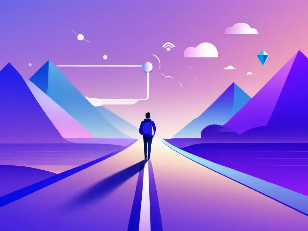 Viaje inspirador de Juan en marketing de afiliados Ilustración minimalista y moderna de Juan Pérez en el mundo del marketing de afiliados, representando casos de éxito