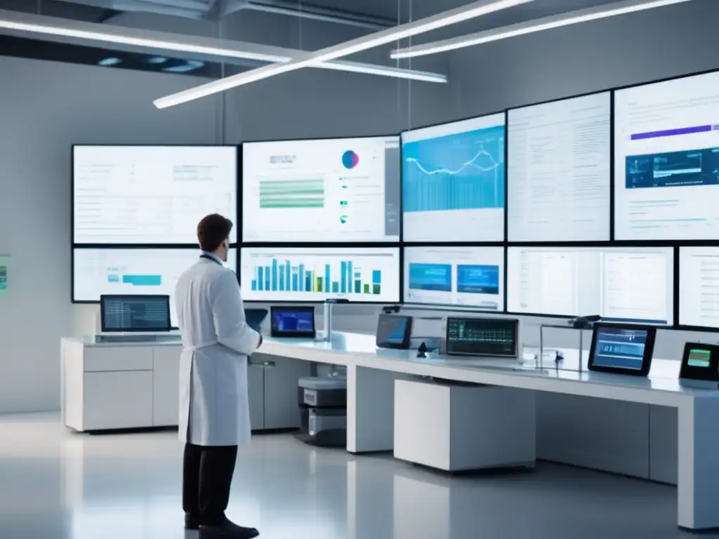 Laboratorio futurista y profesional Laboratorio moderno con equipo científico avanzado y científico analizando datos para mejorar conversiones en marketing de afiliados