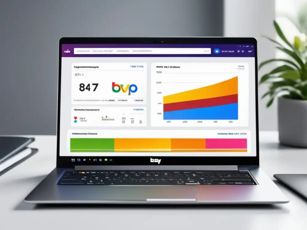 Moderno portátil con pantalla de Ebay Partner Network Laptop moderno de diseño minimalista con dashboard de Ebay Partner Network y estación de trabajo elegante