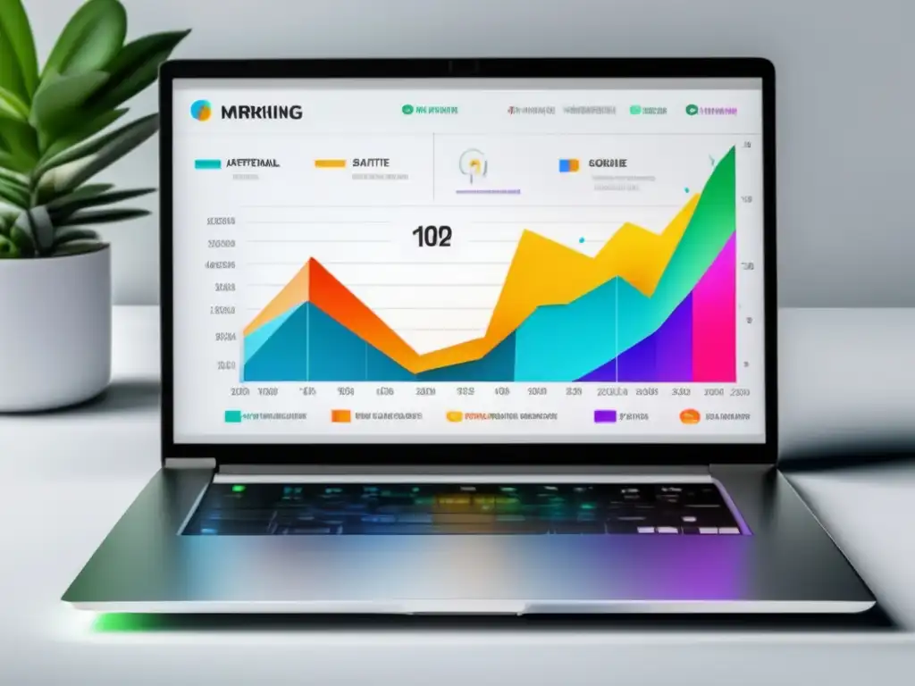 Laptop minimalista con gráfico de ingresos pasivos Laptop minimalista en escritorio blanco con gráfico de ingresos por afiliados y estrategias avanzadas