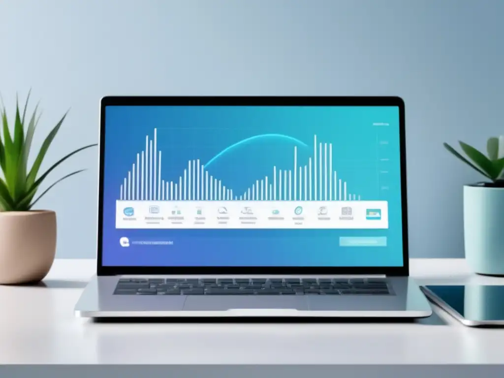 Laptop y gráfica de ingresos pasivos Laptop en escritorio con gráfica de ingresos pasivos y productos, simbolizando diversidad en marketing de afiliados