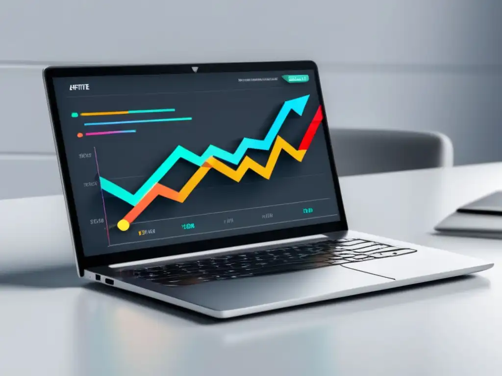 Laptop con gráfico de crecimiento en el marketing de afiliados Laptop moderno en superficie blanca, gráfico de líneas colorido muestra crecimiento de marketing de afiliados