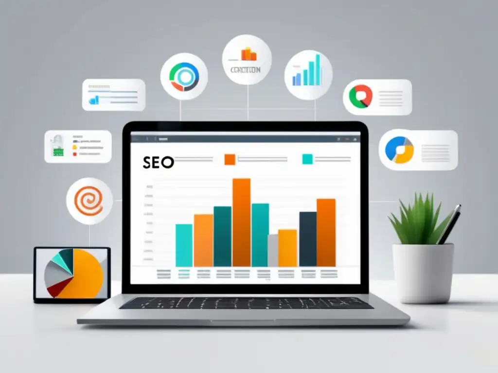 Estrategias de marketing de afiliados exitosas Laptop en escritorio con gráfica de éxito en estrategias de marketing de afiliados