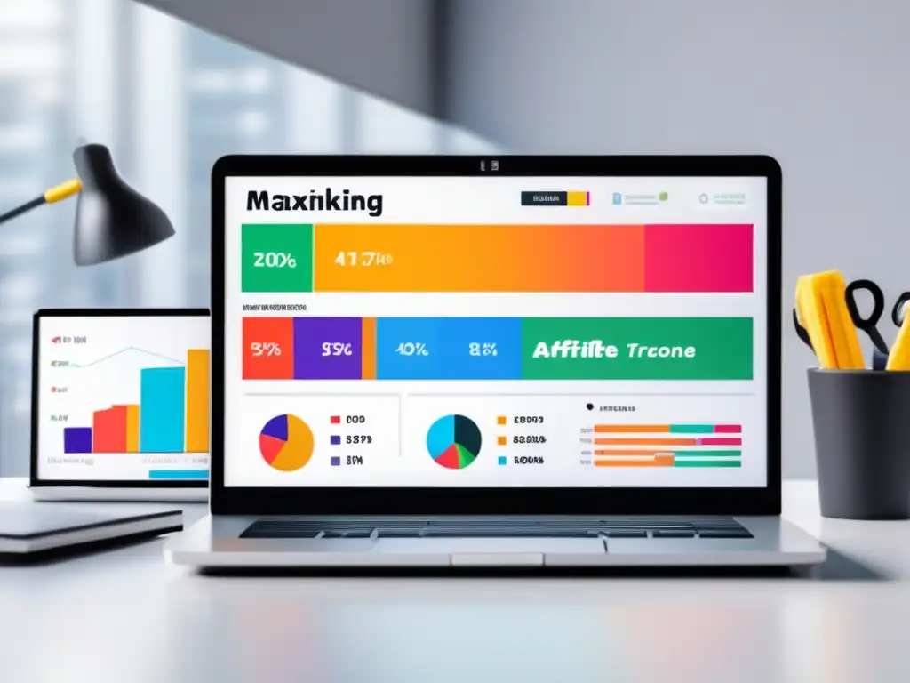 Laptop de afiliados en escritorio blanco Laptop moderno en un escritorio blanco con gráfico de ingresos en aumento y herramientas de marketing de afiliados